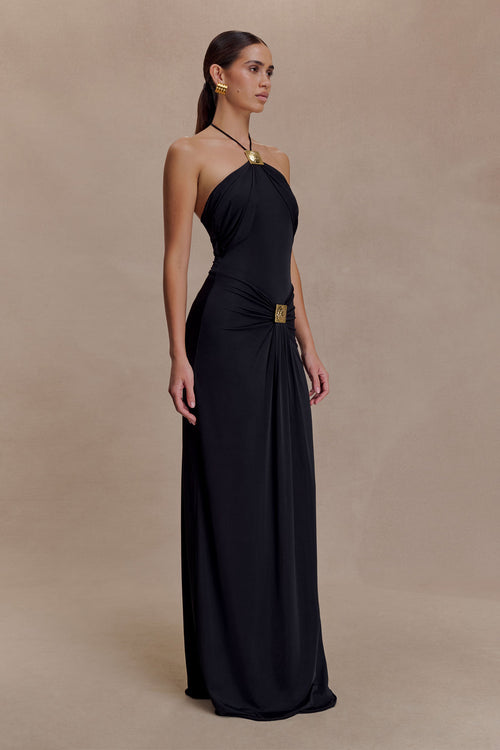 Black Gold Buckle Decor Halter Backless Waist-Fitted Draped Floor-Length Evening Gown