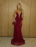 Burgundy Sheer Chiffon Halter Maxi Gown
