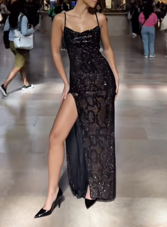 Sexy Sling Slim High Slit Sequined Python Dress