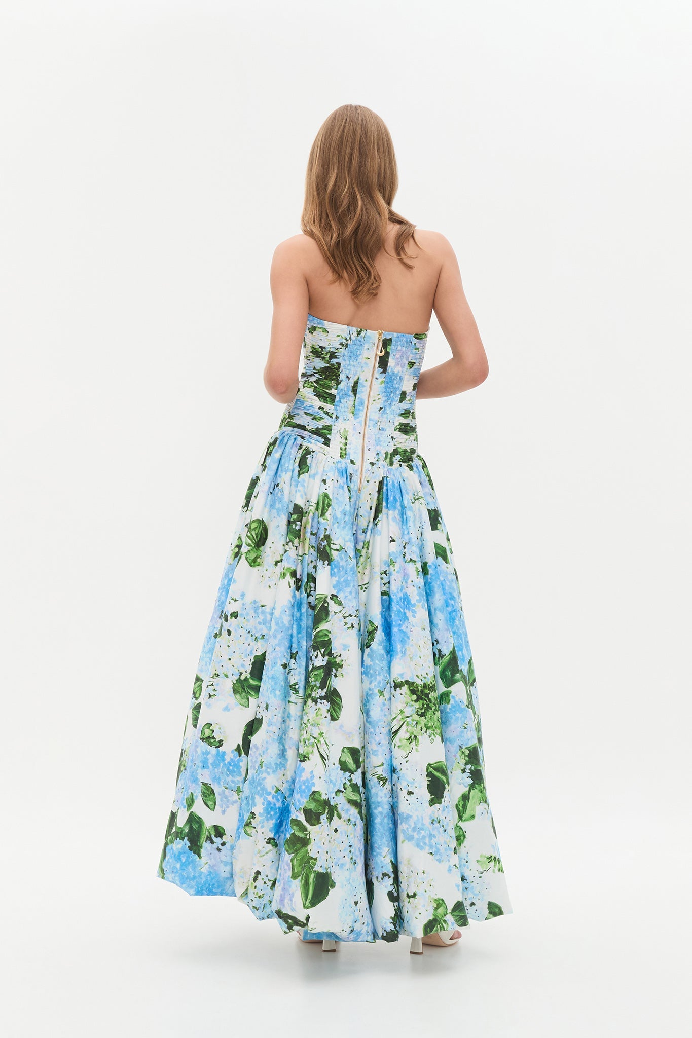 Strapless Hydrangea Floral Print High-Slit Maxi Gown