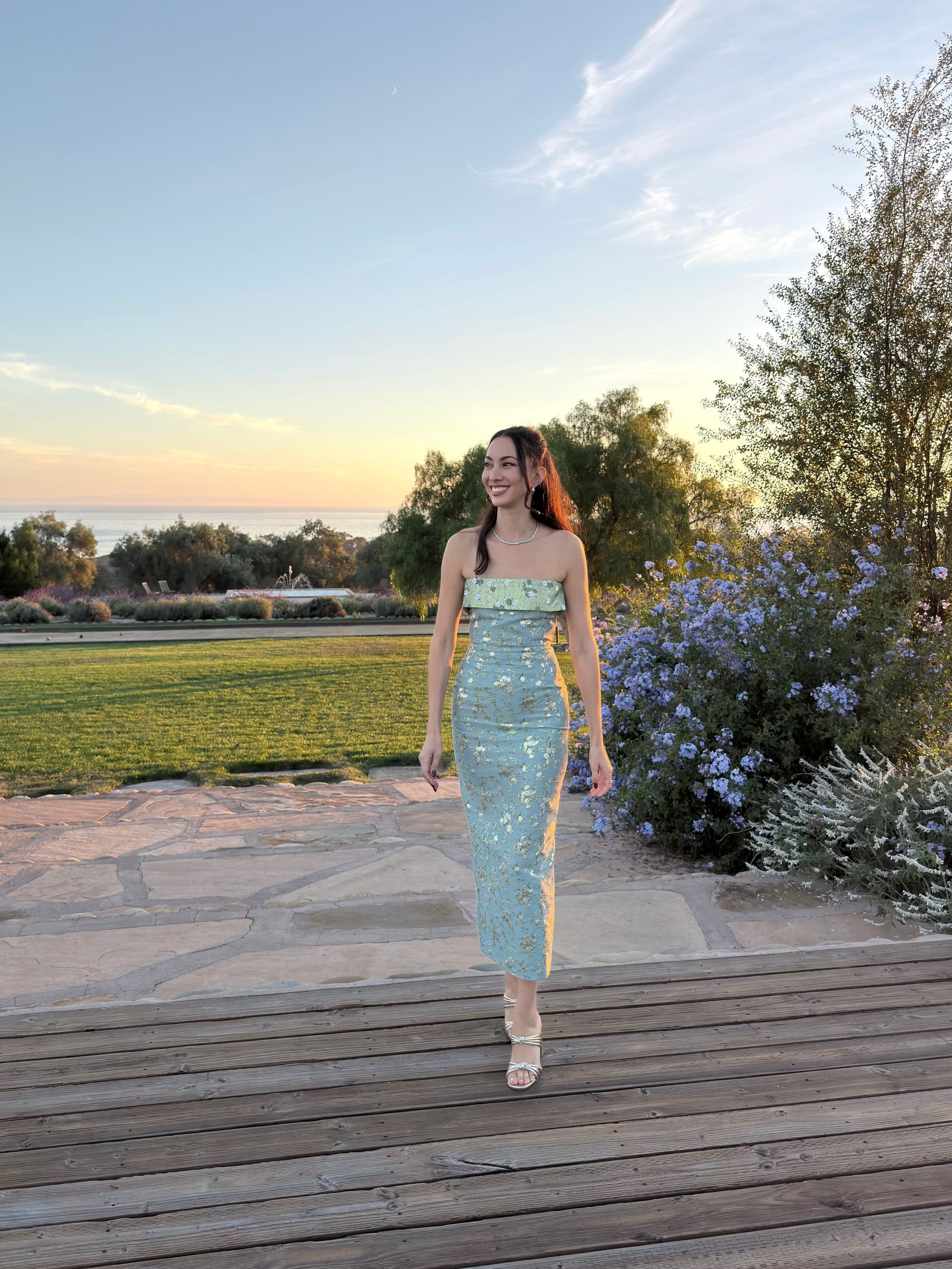 The Kennedy Dress in Slate Blue Cheverny Brocade - PRE-ORDER