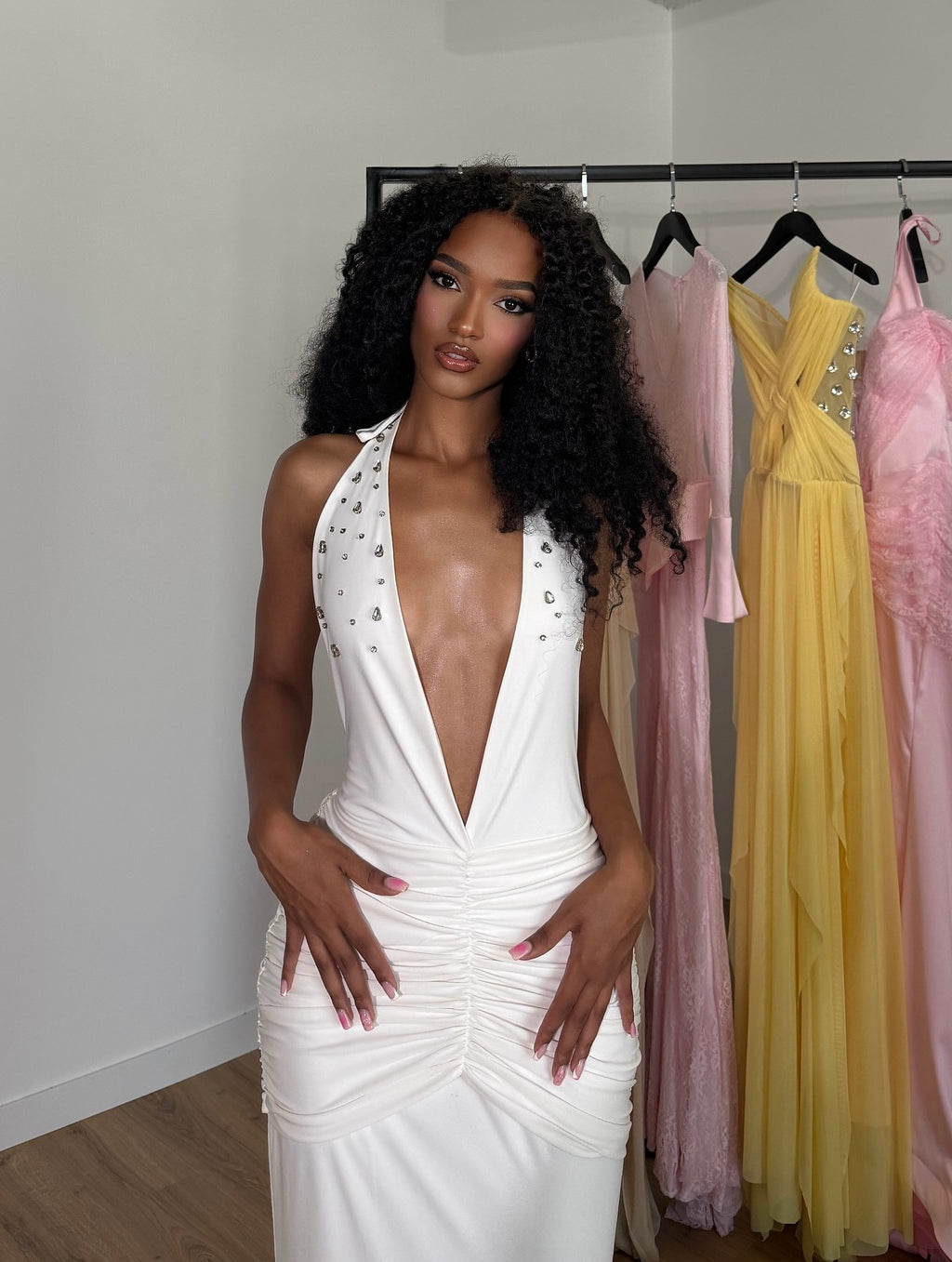 Sexy Super Deep V-neck Sleeveless Halter Pleated Dress