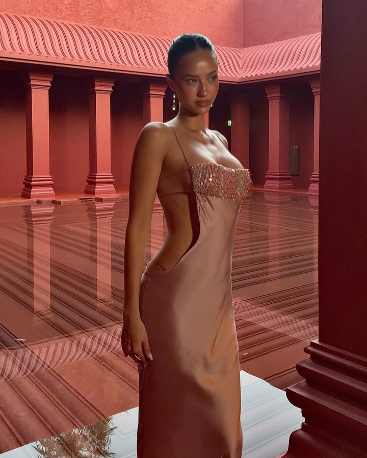 Dusty Rose Satin Beaded Cutout Maxi Gown