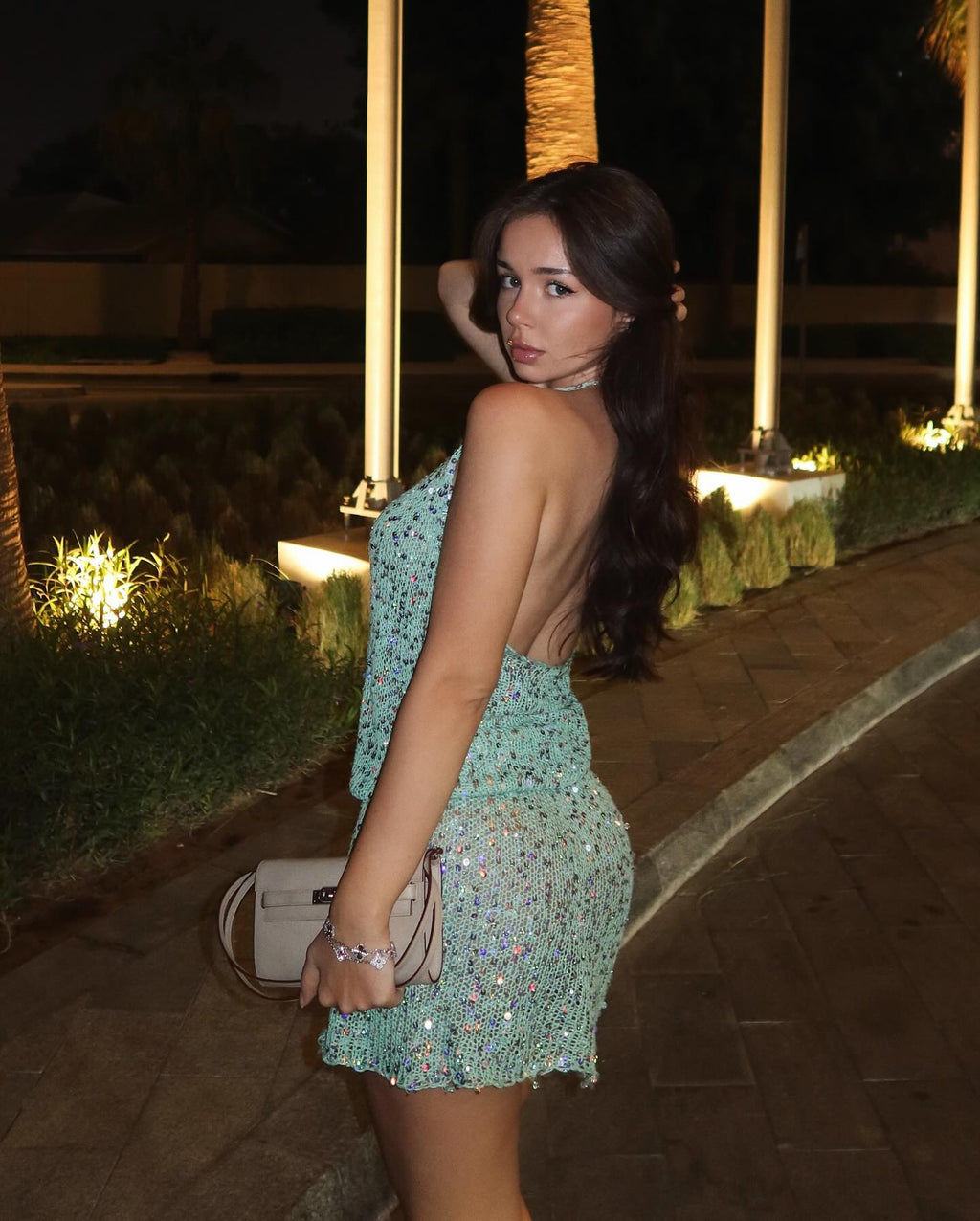 Sexy Halter Deep V-neck Backless Sequins Mini Skirt