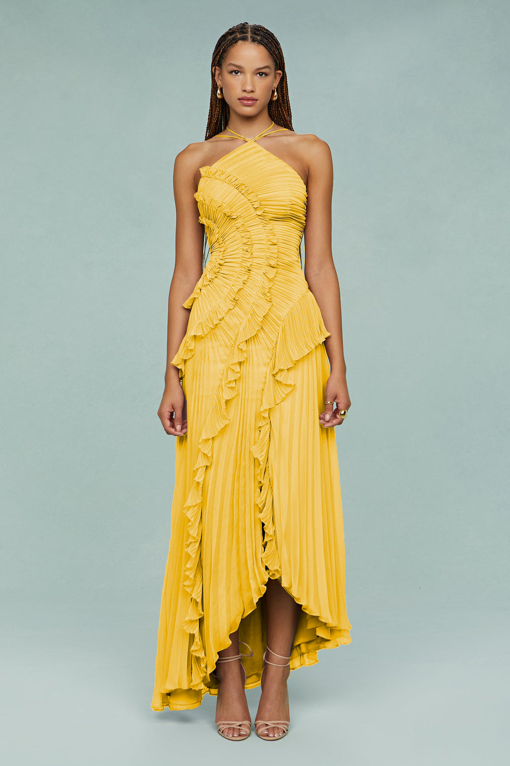 Pleated Frill Halter Neck Midi Dress