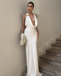 Ivory Satin Halter Cowl Neck Maxi Gown