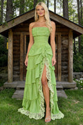 Green Strapless Corset Ruffled Lace-Trimmed High-Slit Maxi Dress