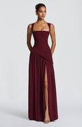 Elegant Burgundy Square Neck Backless Waist-Cinched Drapey Maxi Dress