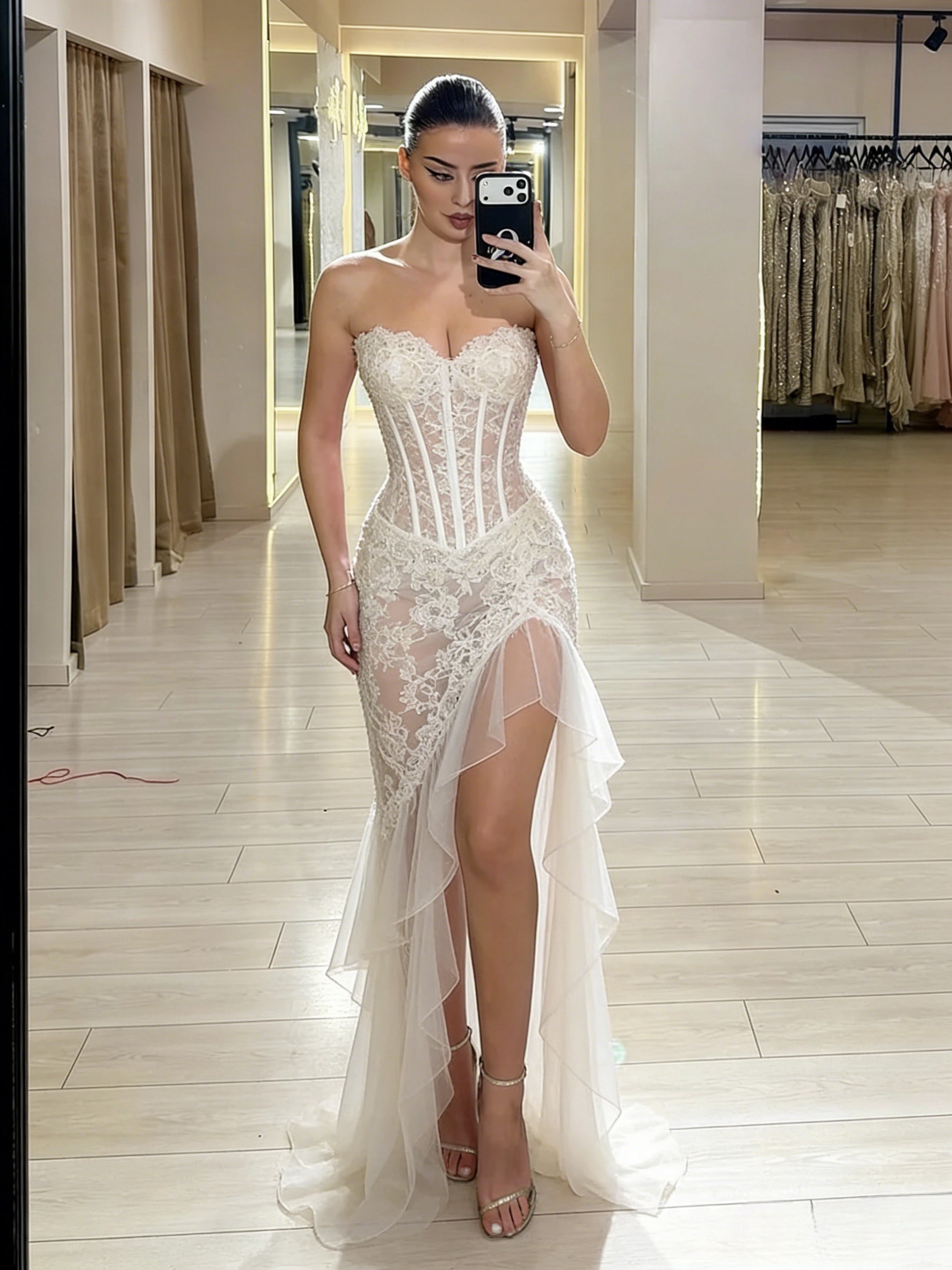 ivory lace corset maxi dress Women's Ivory Lace Corset Sheer High-Slit Mermaid Maxi Dress