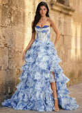 Women's Blue Porcelain Print Strapless Corset Ruffle Maxi Dress - High Slit Formal Gown