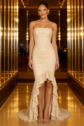 Champagne Strapless Ruched Ruffled Mermaid Gown with Train