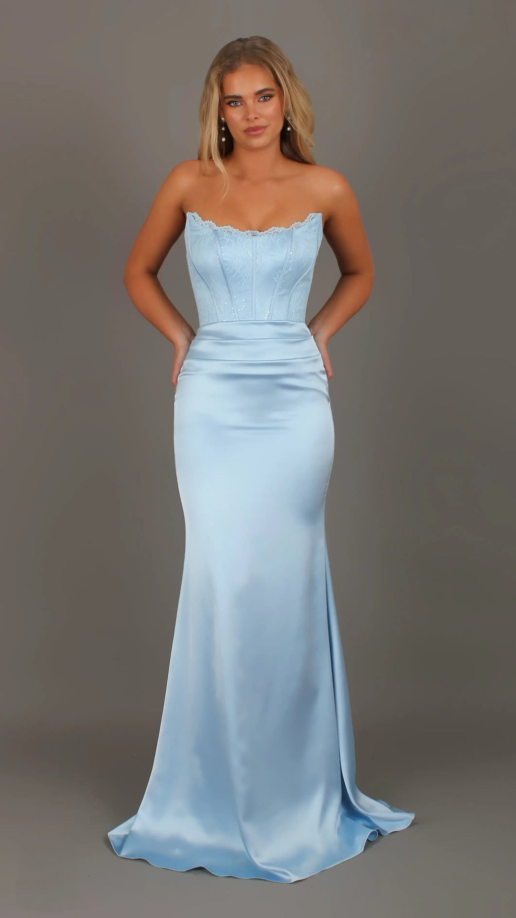 Bella - Light Blue Formal Dress, Strapless lace Corset, fitted pleated satin skirt
