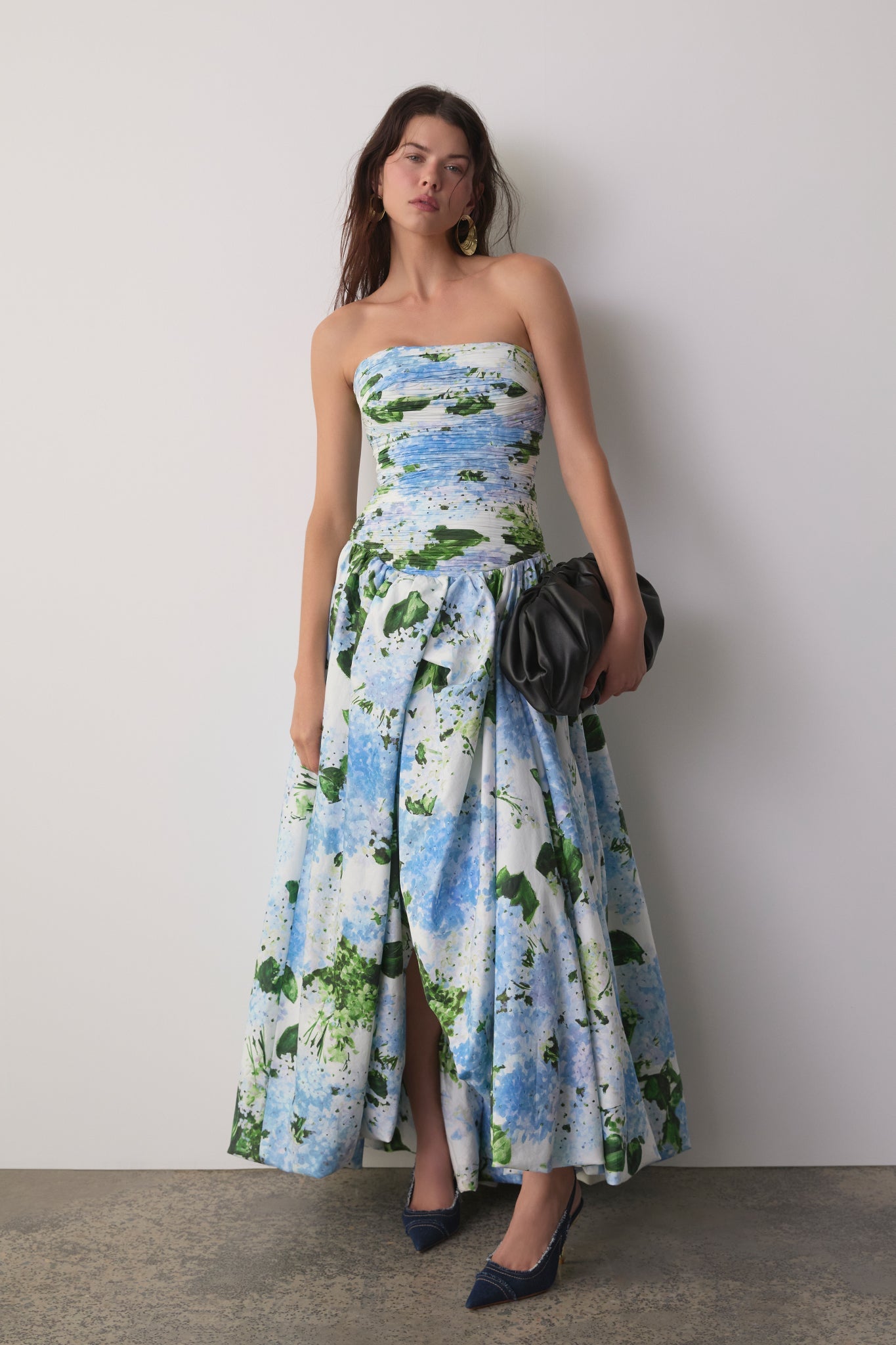 Strapless Hydrangea Floral Print High-Slit Maxi Gown