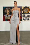 Grey Strapless Ruched Tie-Front High-Slit Maxi Gown