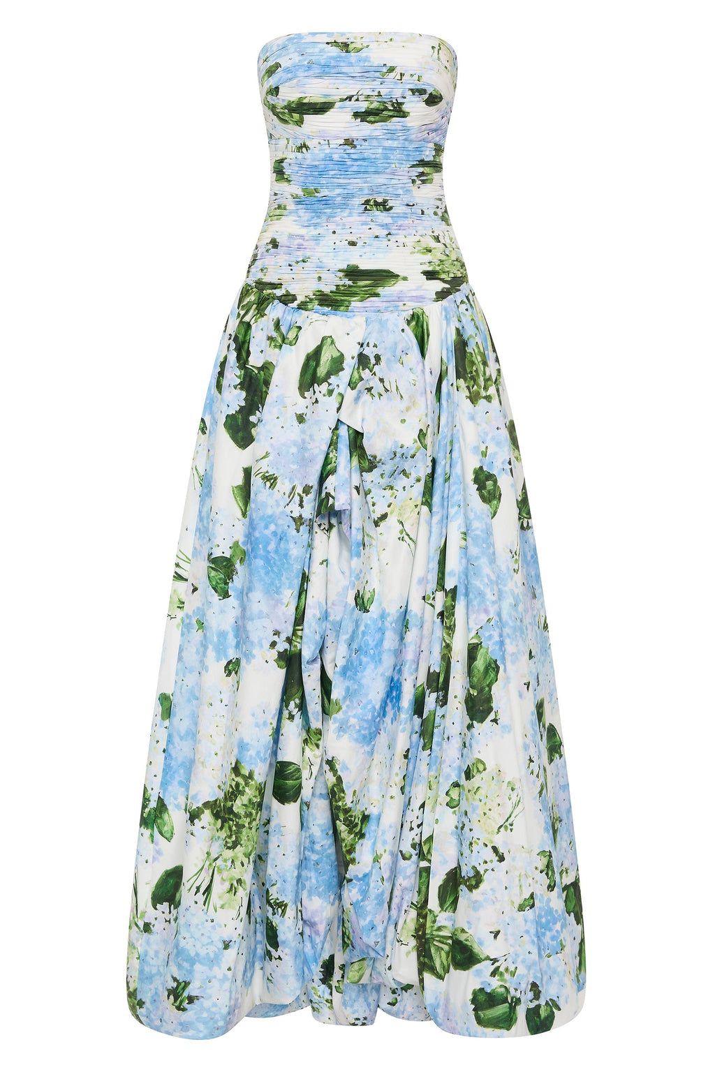 Strapless Hydrangea Floral Print High-Slit Maxi Gown