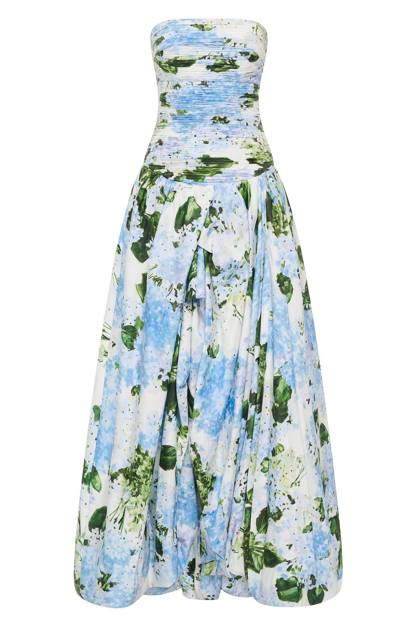 Strapless Hydrangea Floral Print High-Slit Maxi Gown
