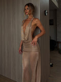 Champagne Metallic Halter Ruched Maxi Dress