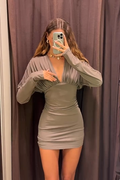Sexy Long Sleeve Deep V Pleated Slim Fit Mini Skirt