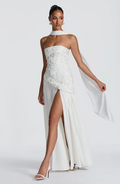 French Halter Neck Draped Strapless Slit Maxi Dress | Luxury Elegant 3D Flower Waist-Cinching Slimming Evening Gown