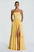 Butter Yellow Strapless Pleated High-Slit Maxi Gown with Pockets
