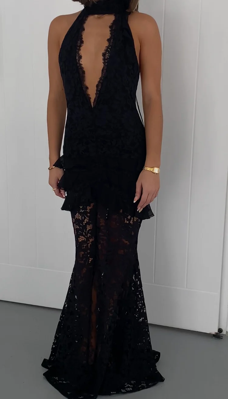 Sexy Halter Lace Deep V Hollow Dress