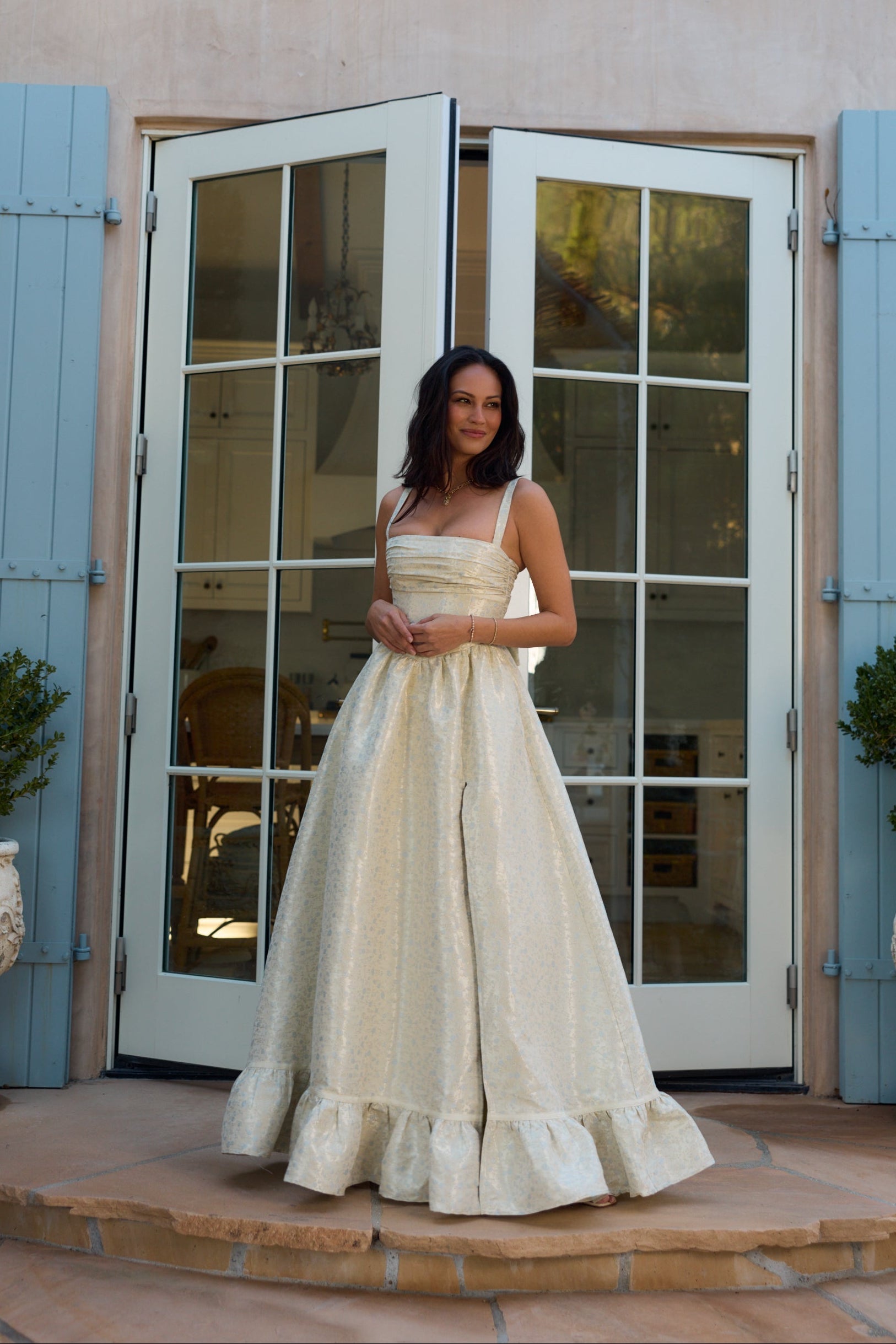 The Ava Dress in Light Blue Duchess