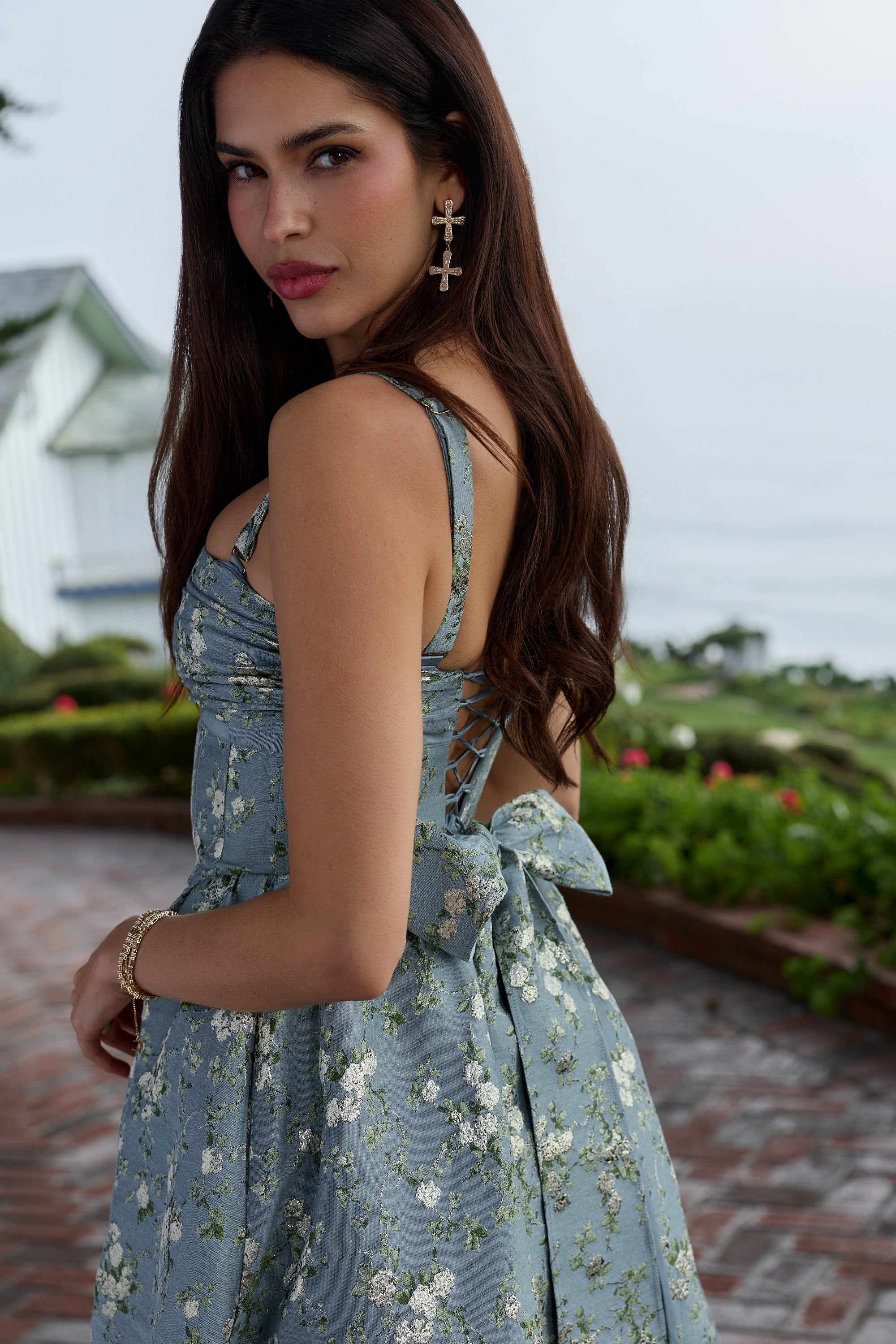 The Ava Dress in Slate Blue Cheverny Brocade