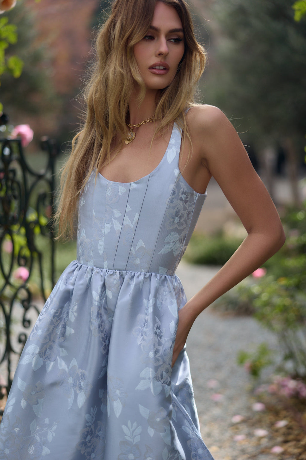 The Avery Dress in Icelandic Blue Baroque Floral