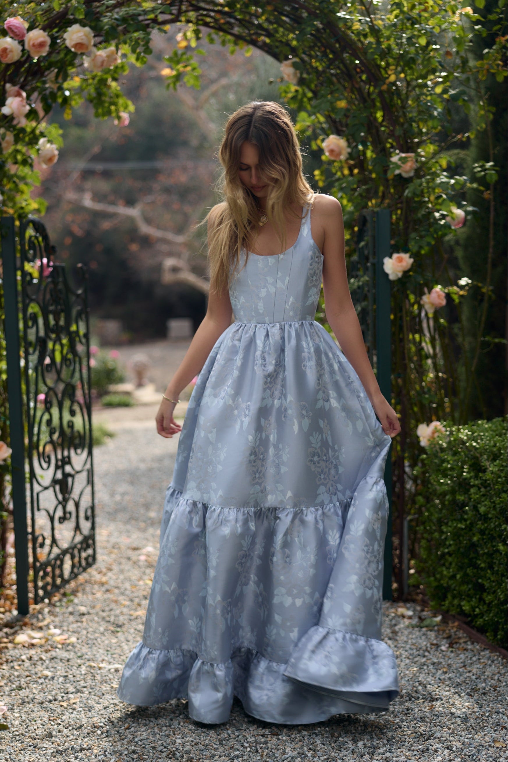 The Avery Dress in Icelandic Blue Baroque Floral