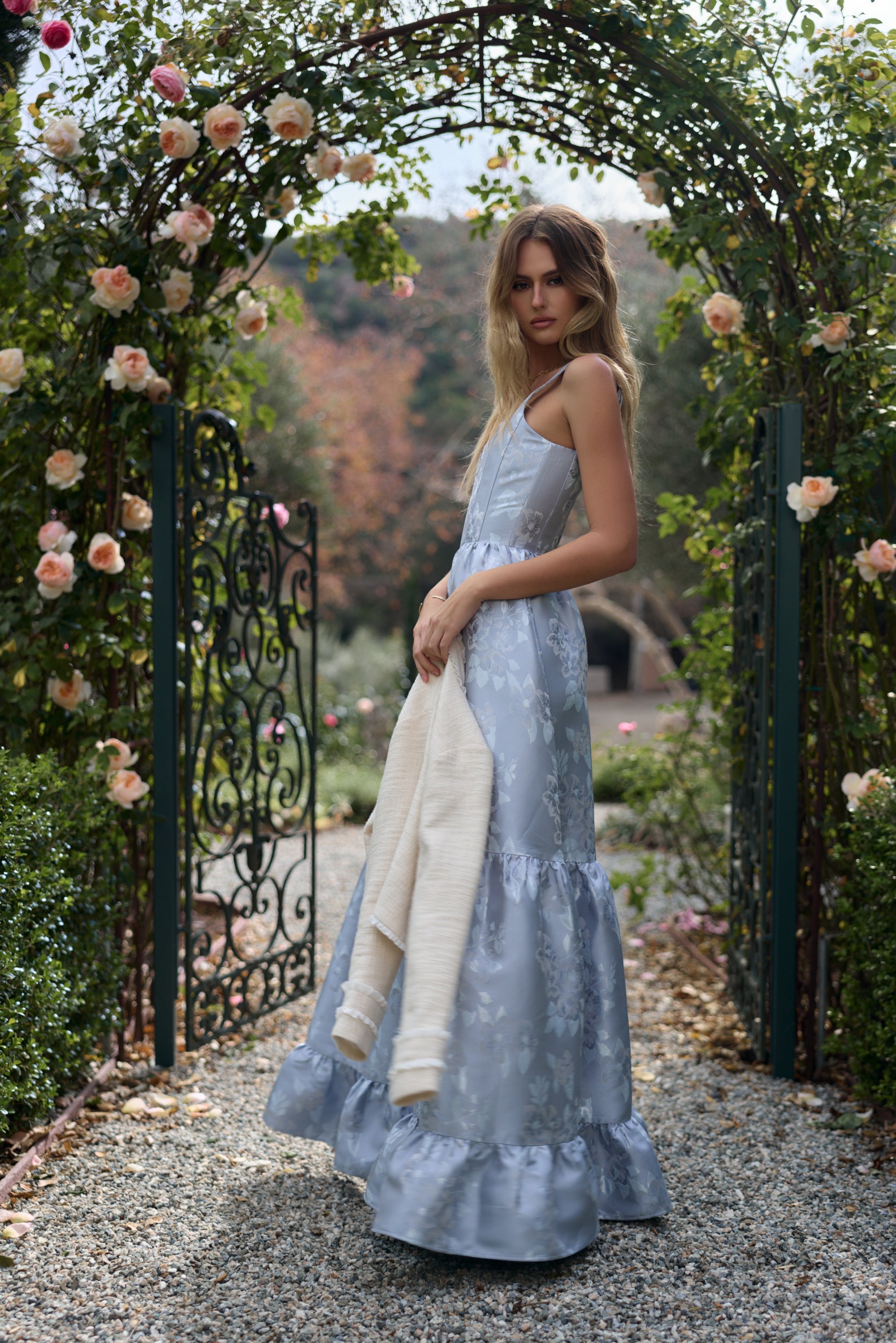 The Avery Dress in Icelandic Blue Baroque Floral