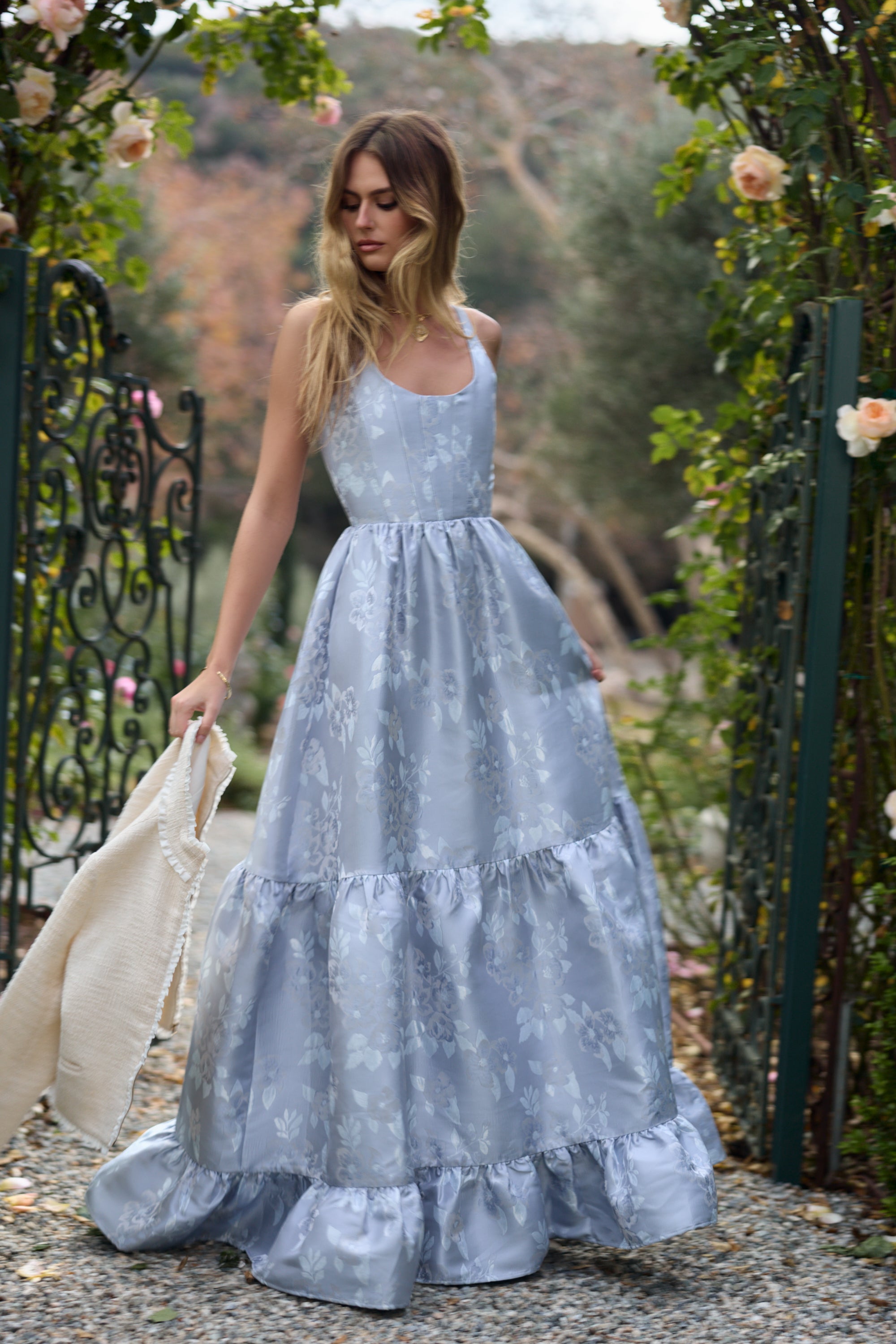 The Avery Dress in Icelandic Blue Baroque Floral