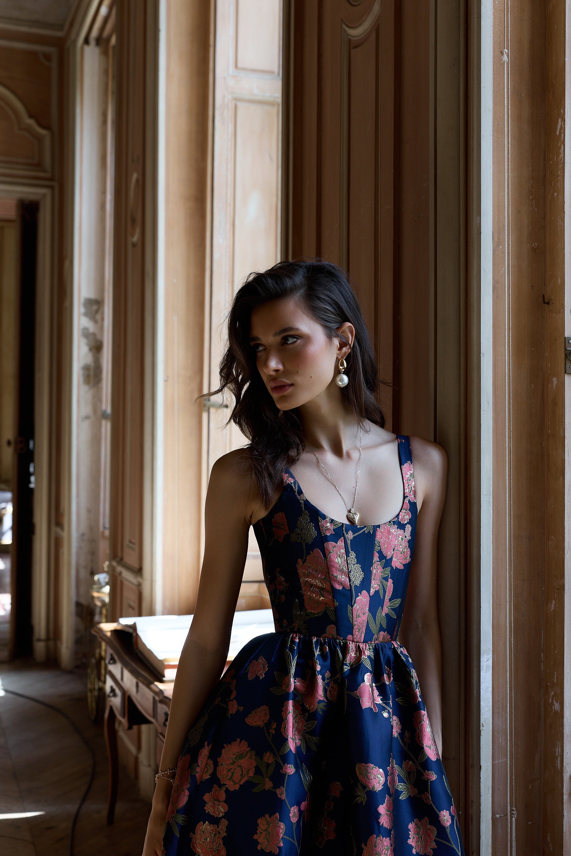 The Avery Dress in Navy Tudor Rose Brocade