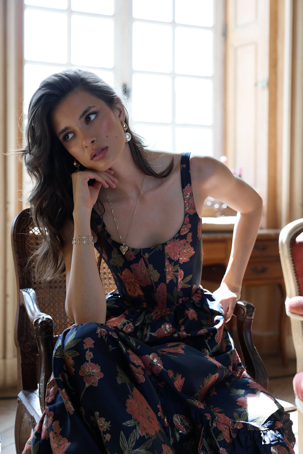 The Avery Dress in Navy Tudor Rose Brocade