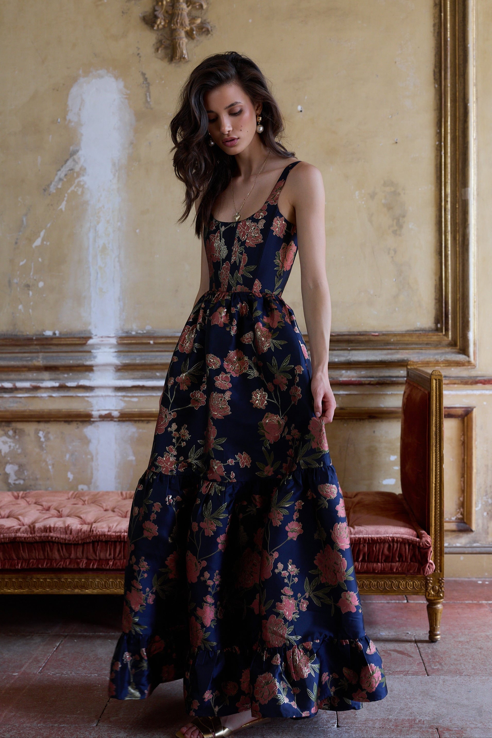 The Avery Dress in Navy Tudor Rose Brocade