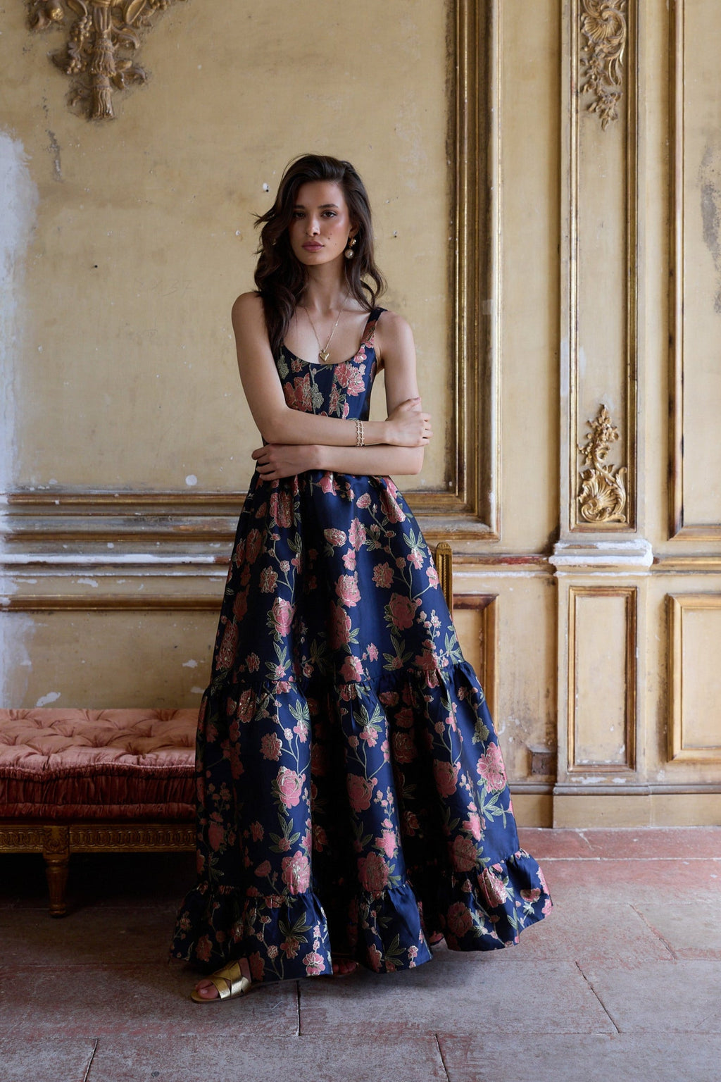 The Avery Dress in Navy Tudor Rose Brocade