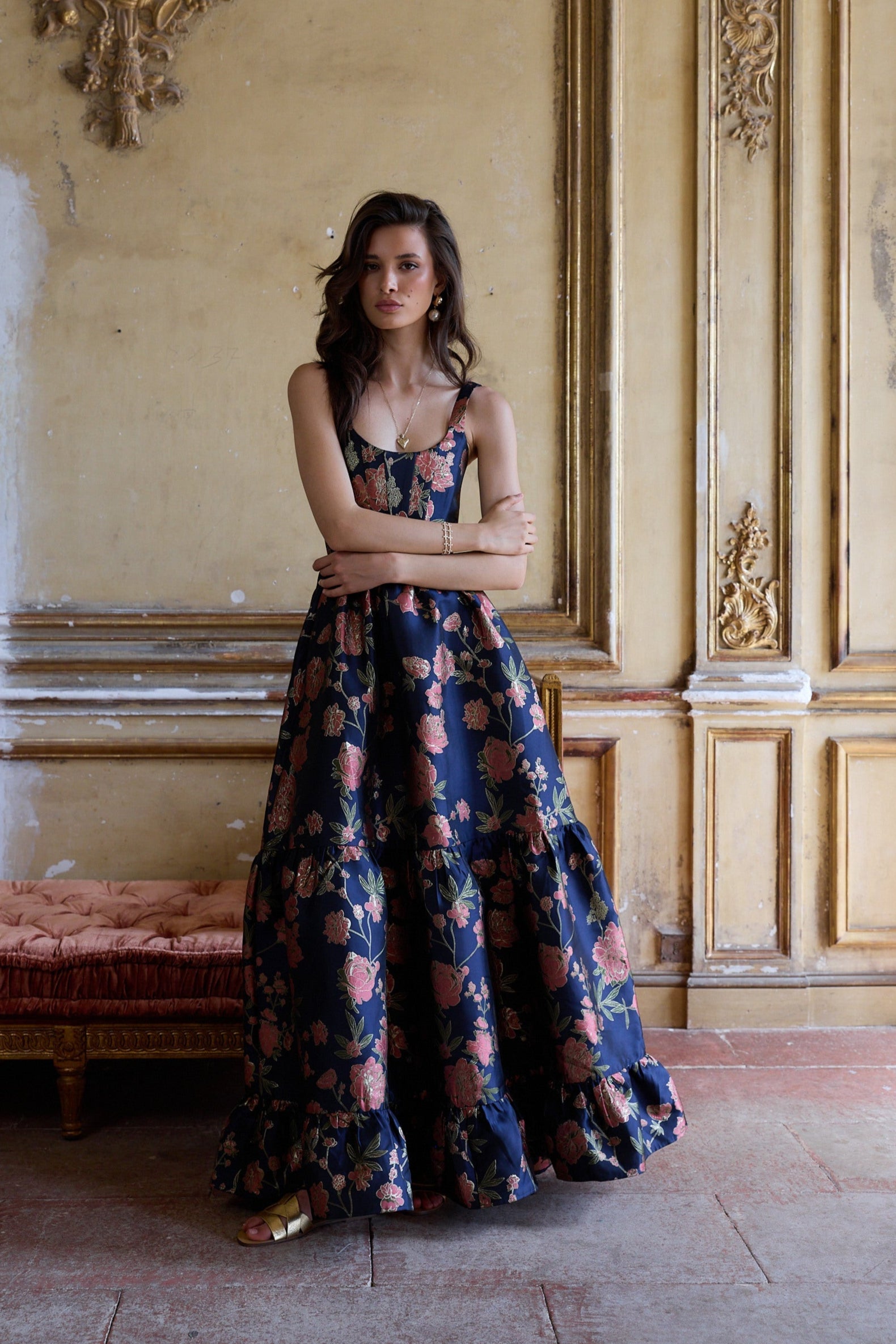 The Avery Dress in Navy Tudor Rose Brocade