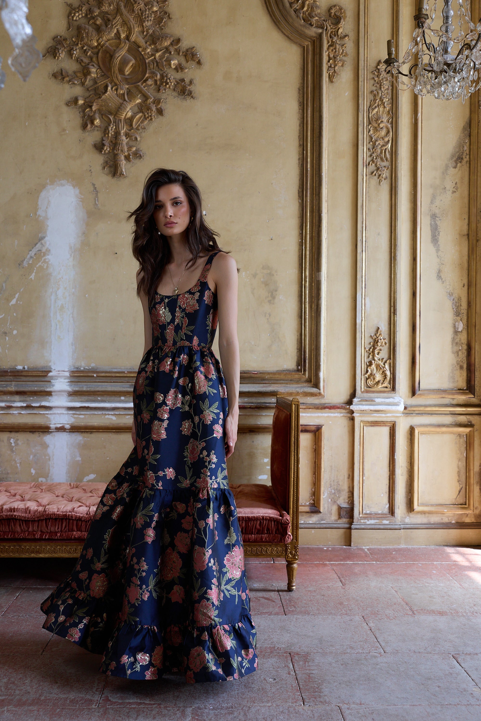 The Avery Dress in Navy Tudor Rose Brocade