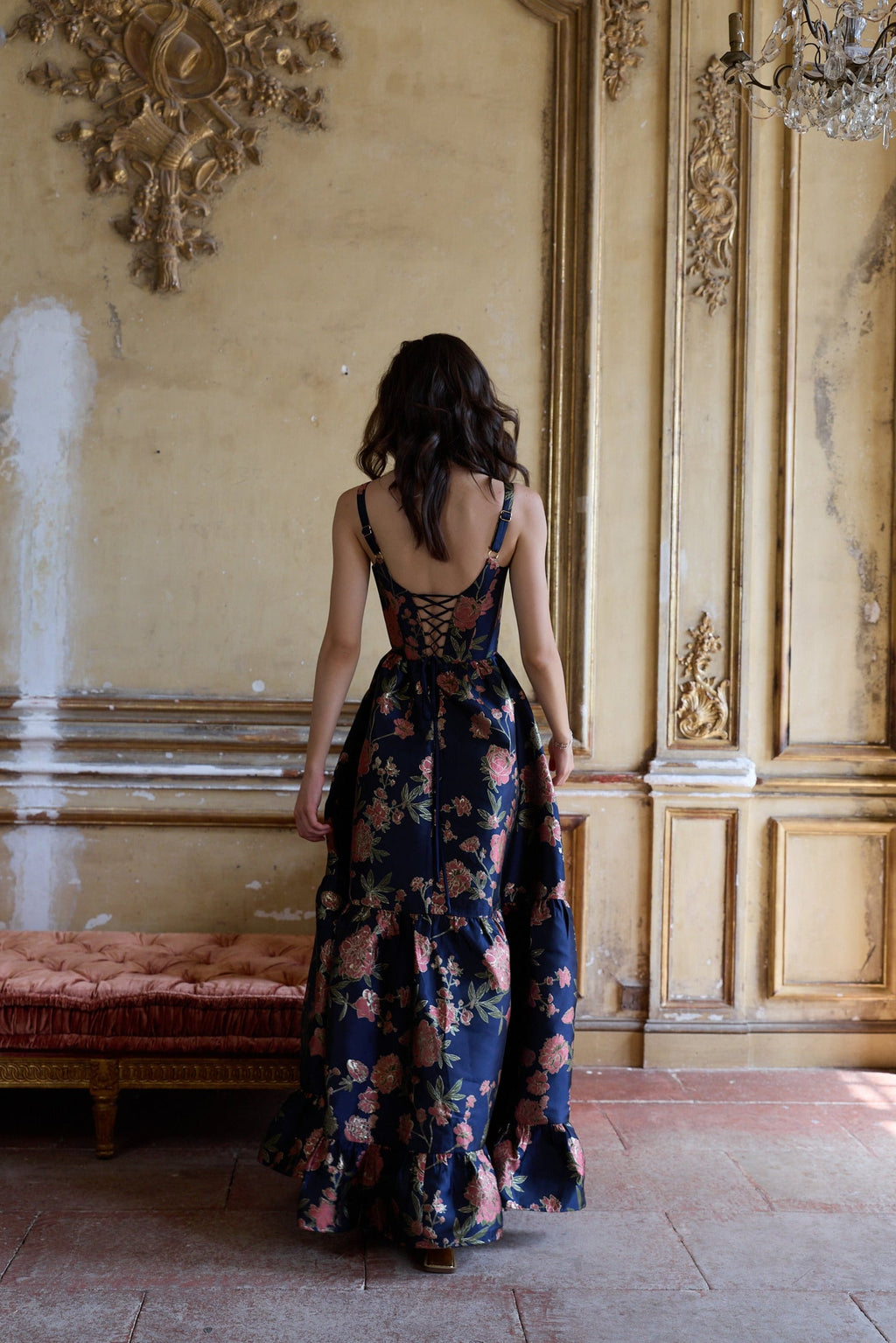 The Avery Dress in Navy Tudor Rose Brocade