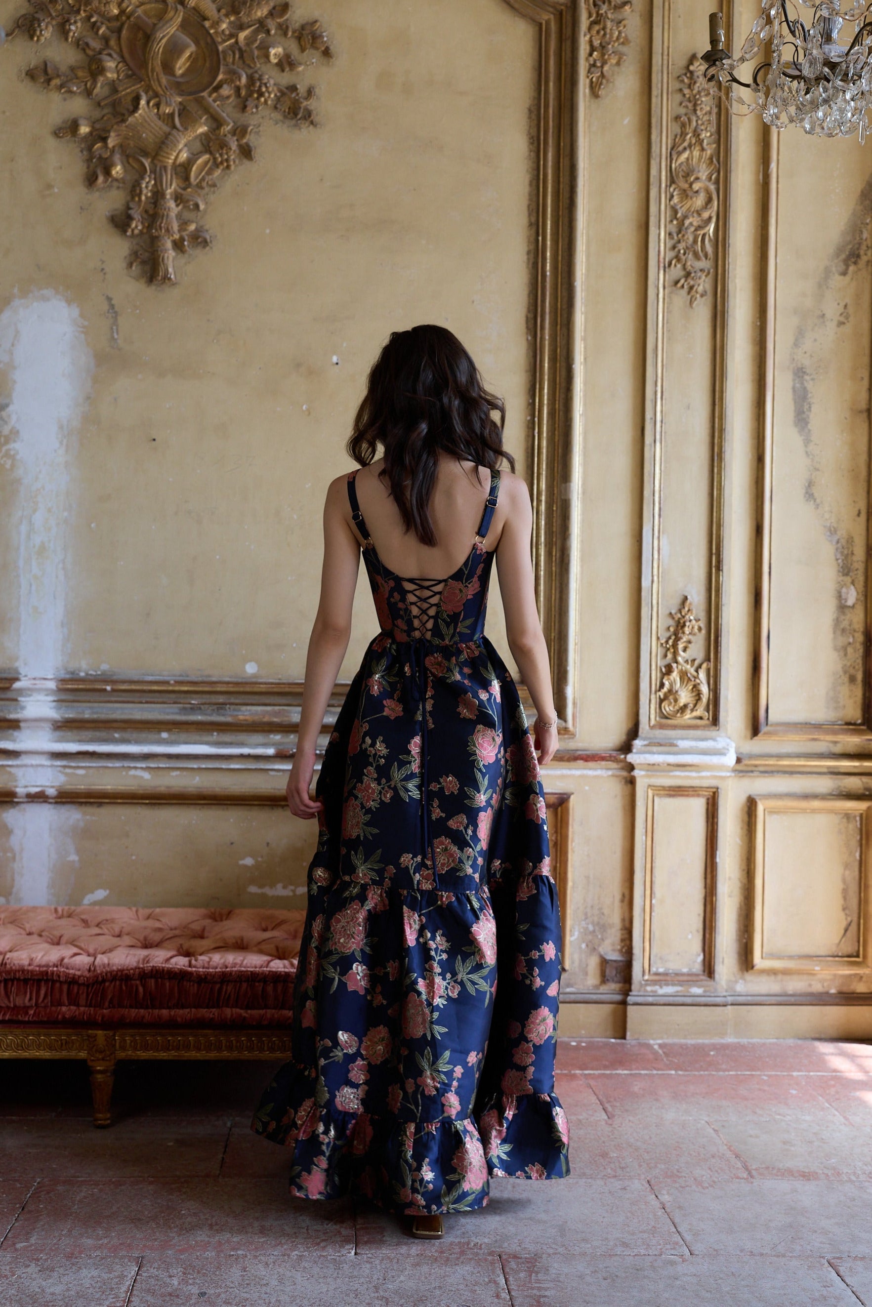 The Avery Dress in Navy Tudor Rose Brocade