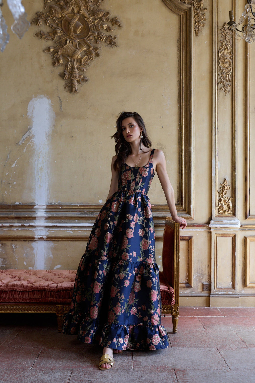 The Avery Dress in Navy Tudor Rose Brocade