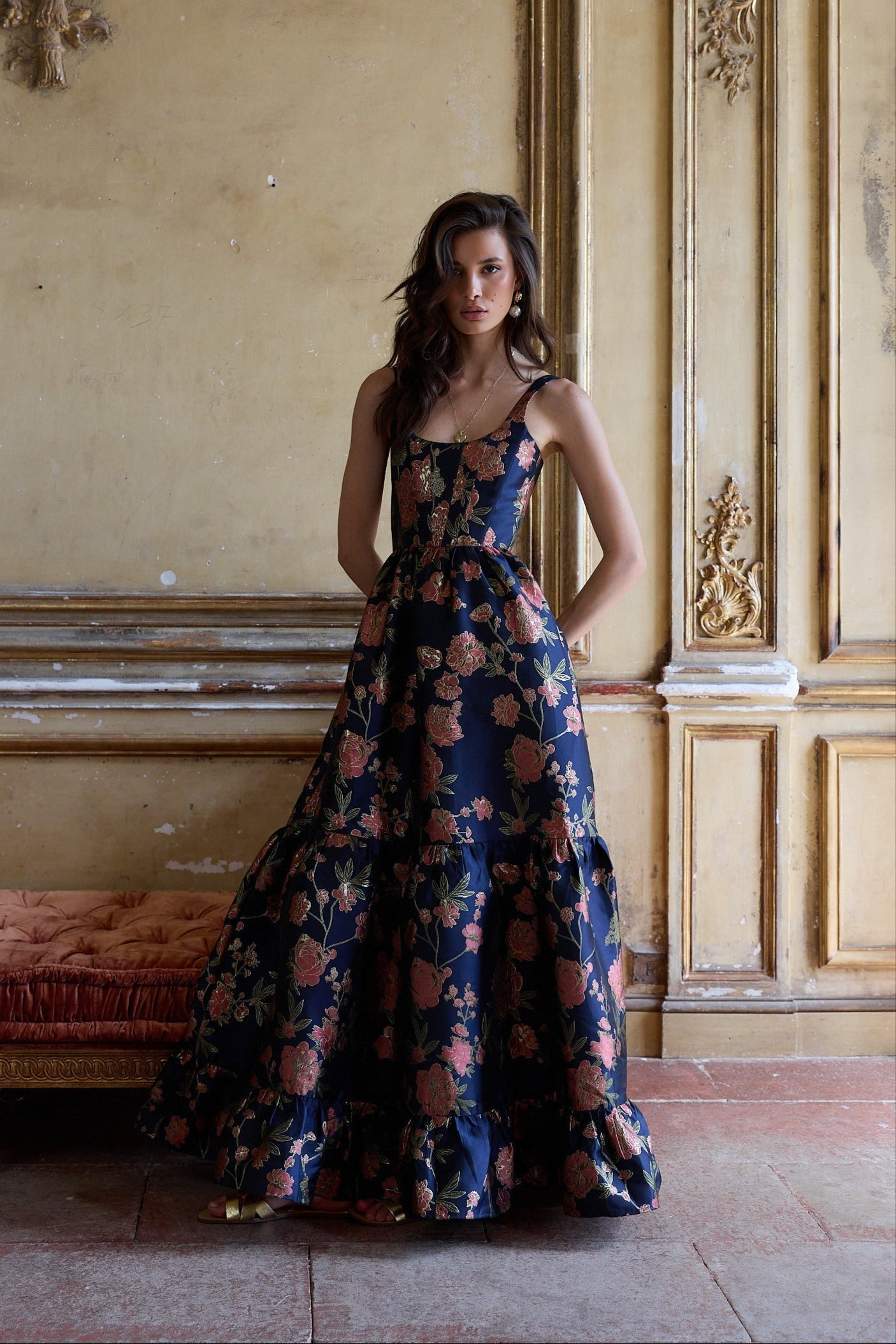 The Avery Dress in Navy Tudor Rose Brocade