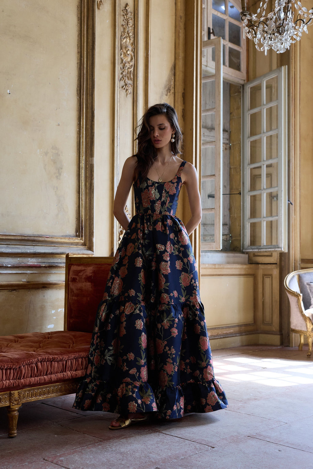 The Avery Dress in Navy Tudor Rose Brocade