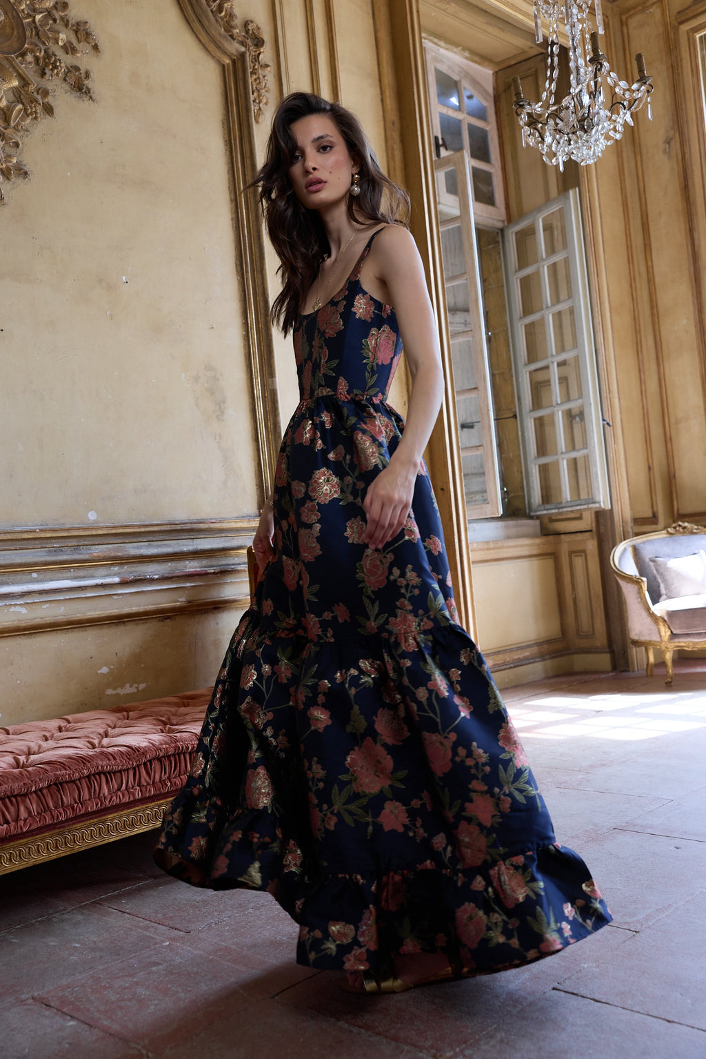 The Avery Dress in Navy Tudor Rose Brocade