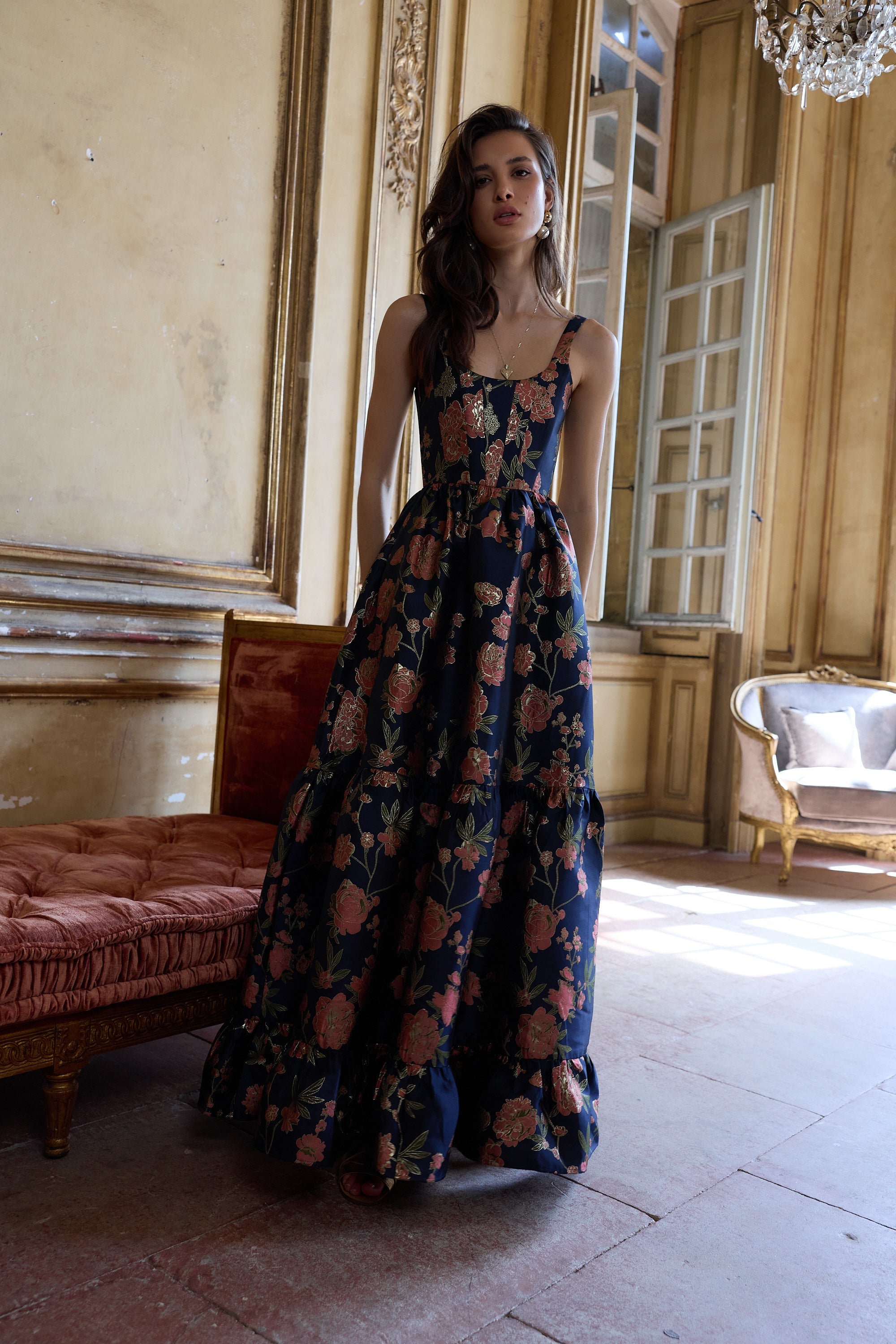 The Avery Dress in Navy Tudor Rose Brocade