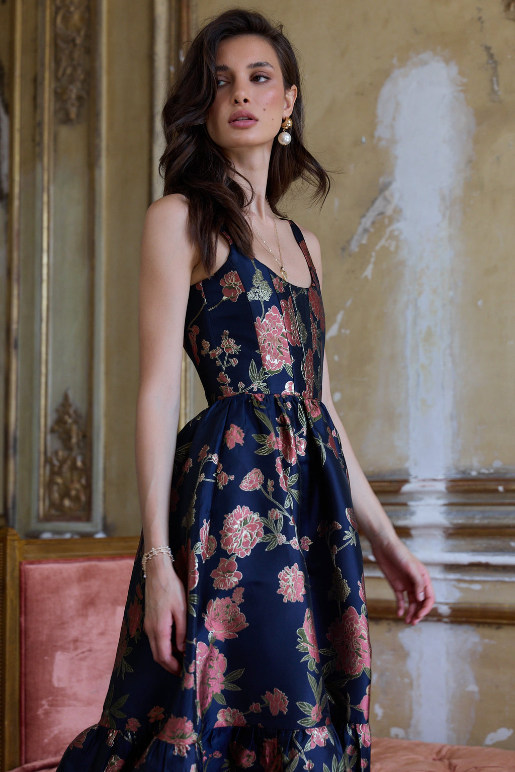 The Avery Dress in Navy Tudor Rose Brocade