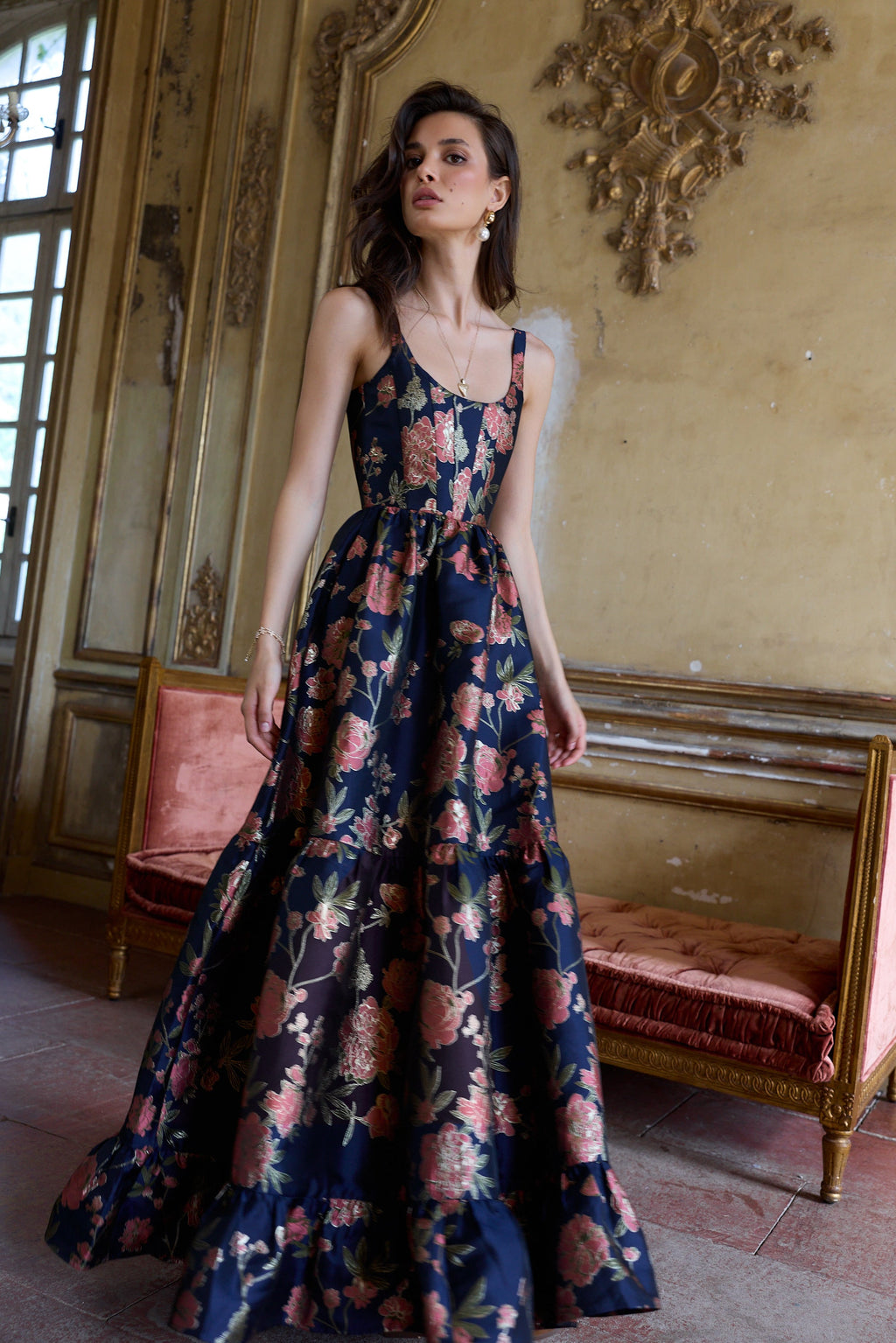 The Avery Dress in Navy Tudor Rose Brocade