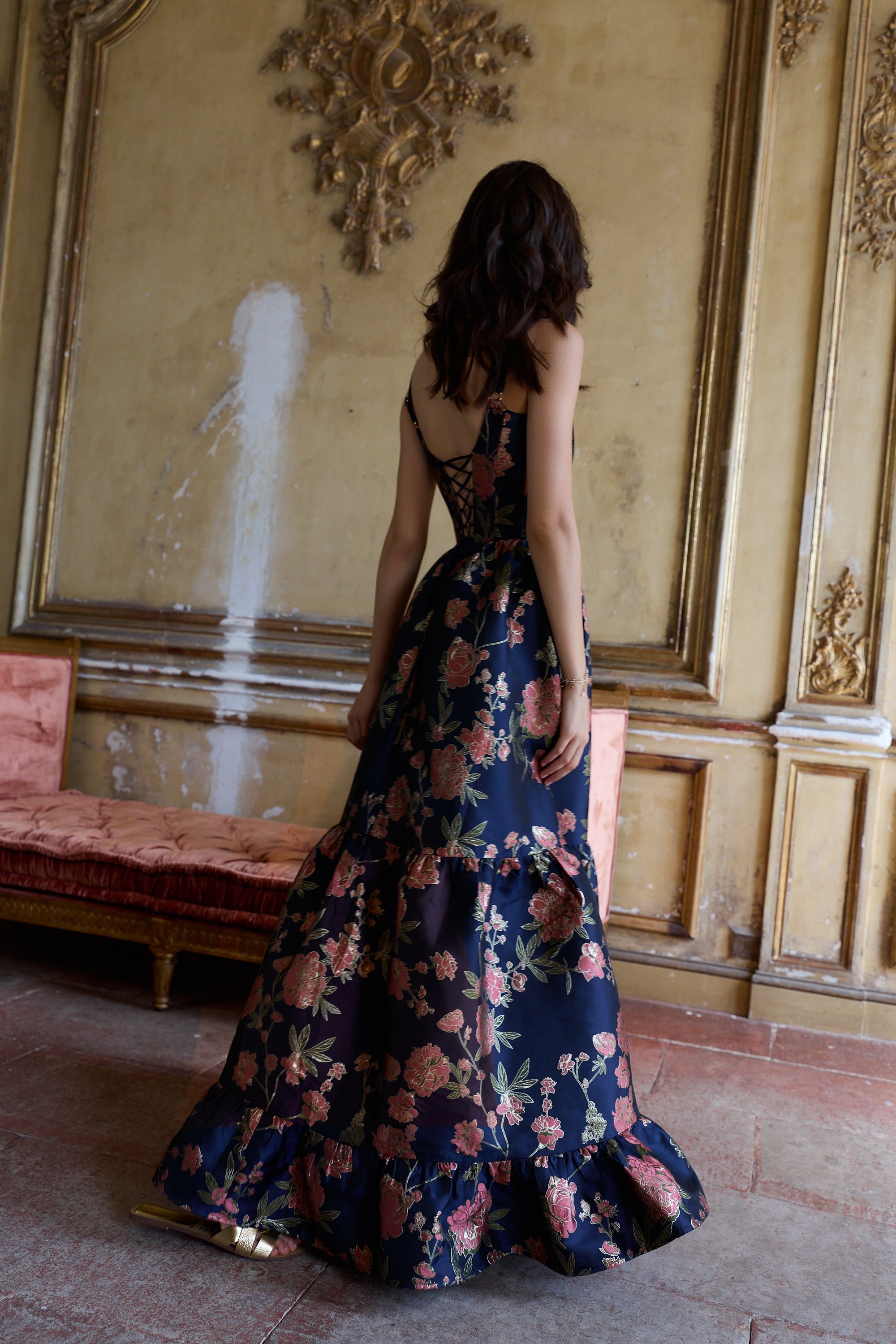 The Avery Dress in Navy Tudor Rose Brocade