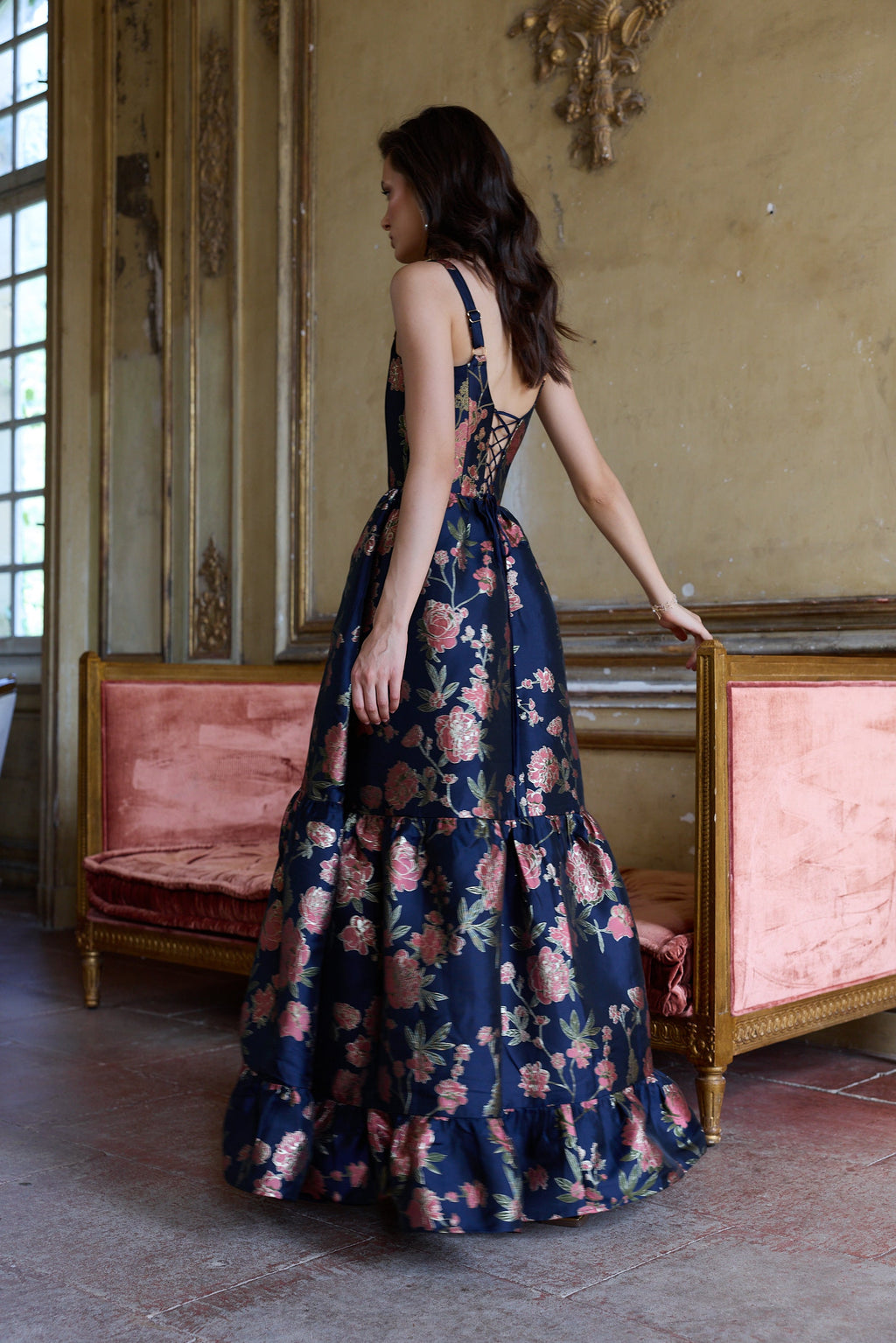The Avery Dress in Navy Tudor Rose Brocade