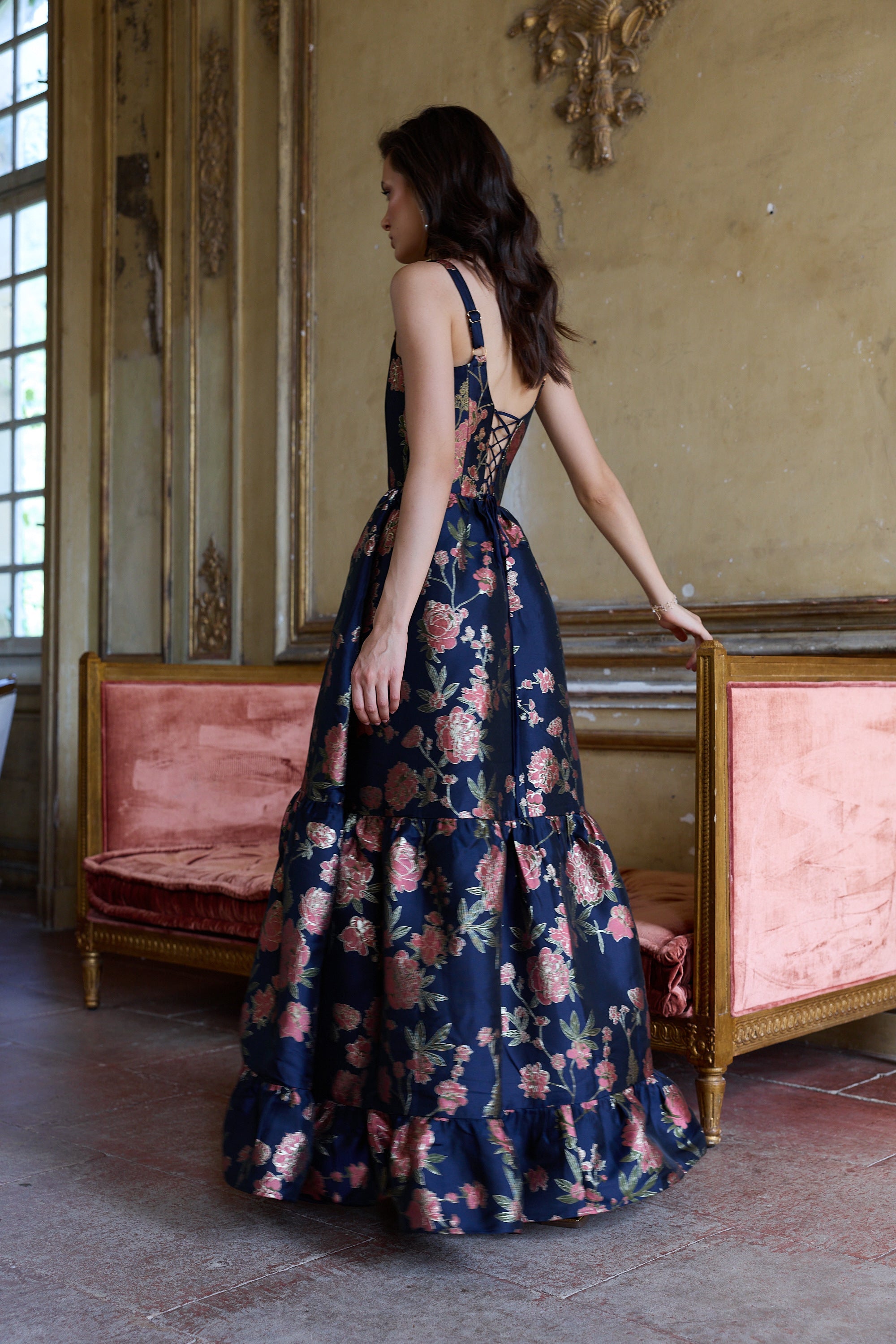 The Avery Dress in Navy Tudor Rose Brocade
