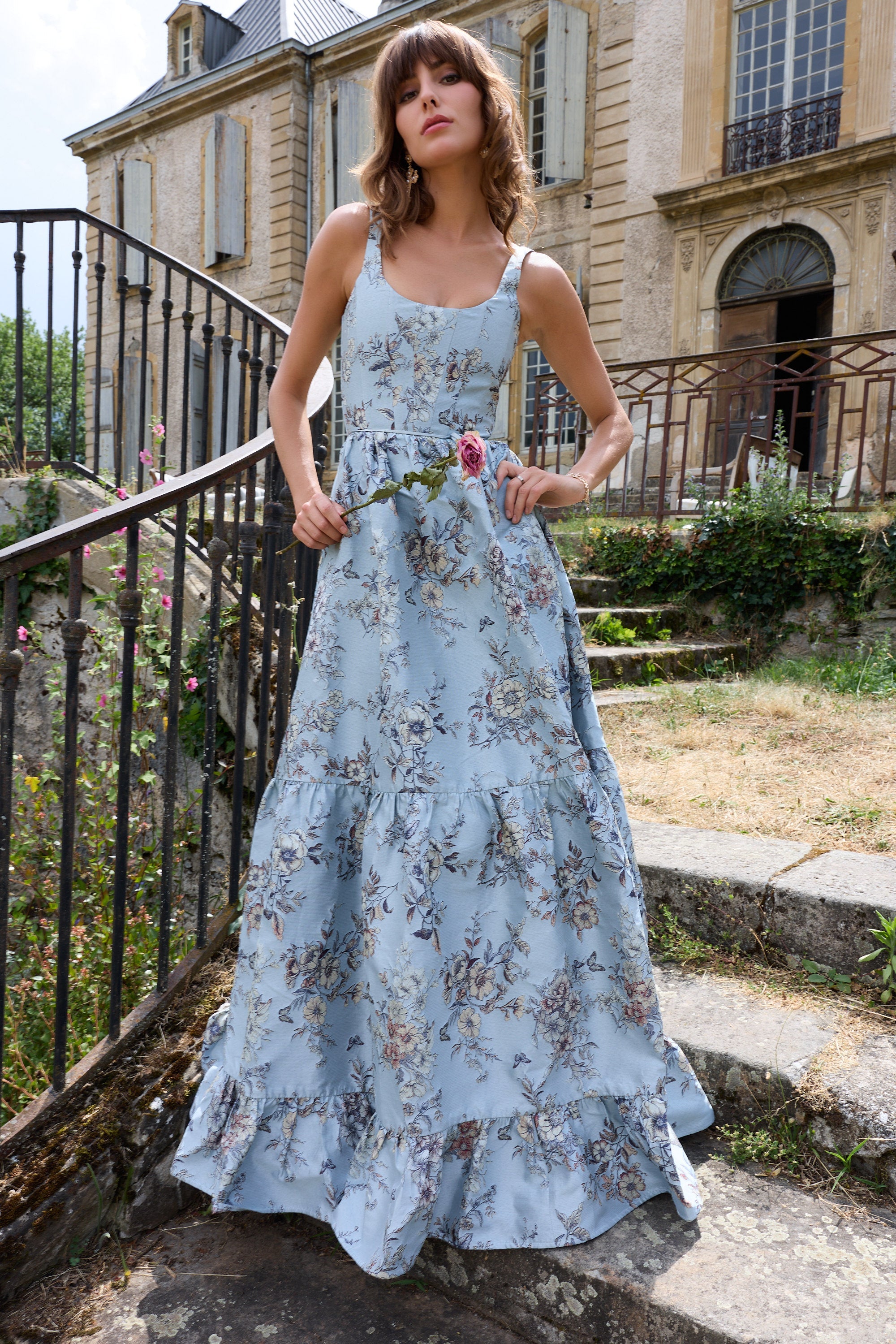 The Avery Dress in Light Blue Lilibet Brocade
